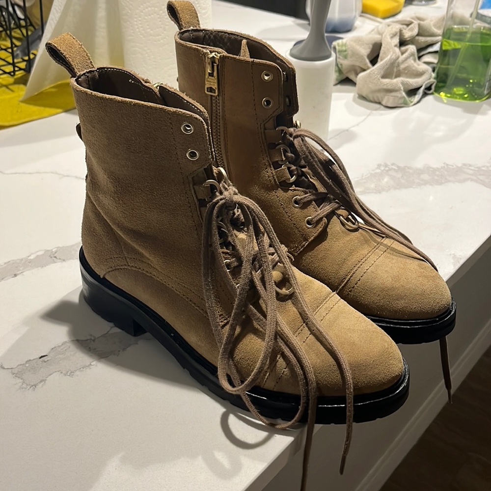 All Saints camel colored lace up boots